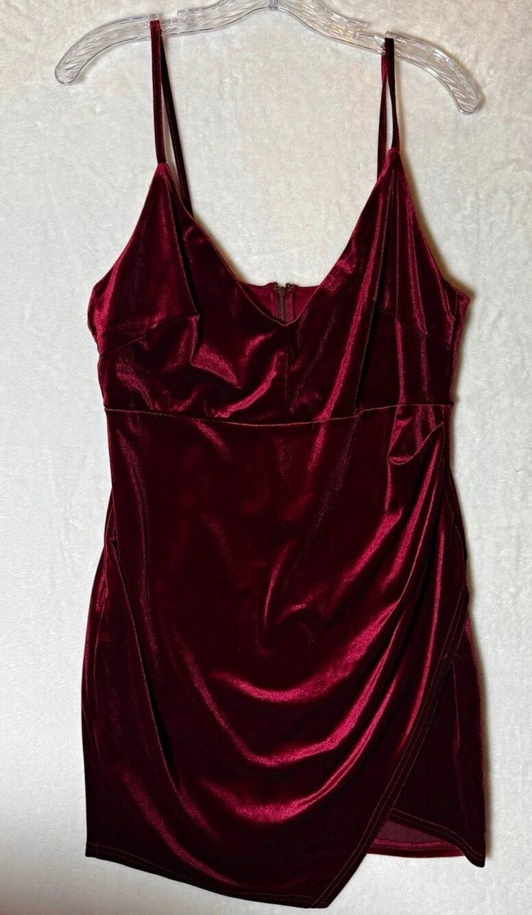 FOREVER 21 Womens Plus 0X Burgundy Velvet V Neck Strappy Mini Slip Dress Zip